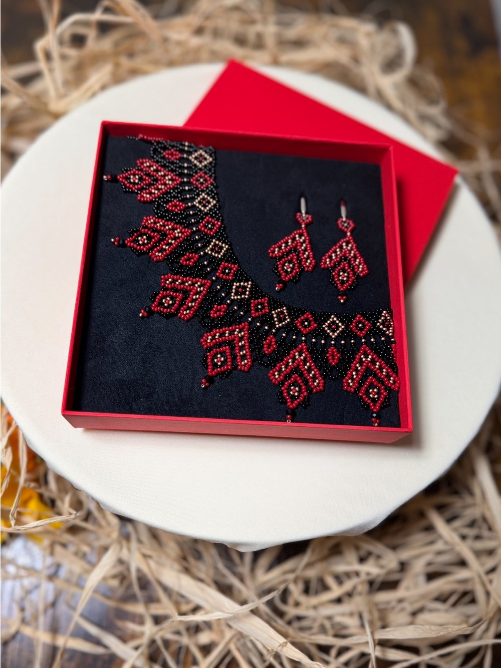 Handcrafted Red Beaded Statement Necklace and Earring Set
